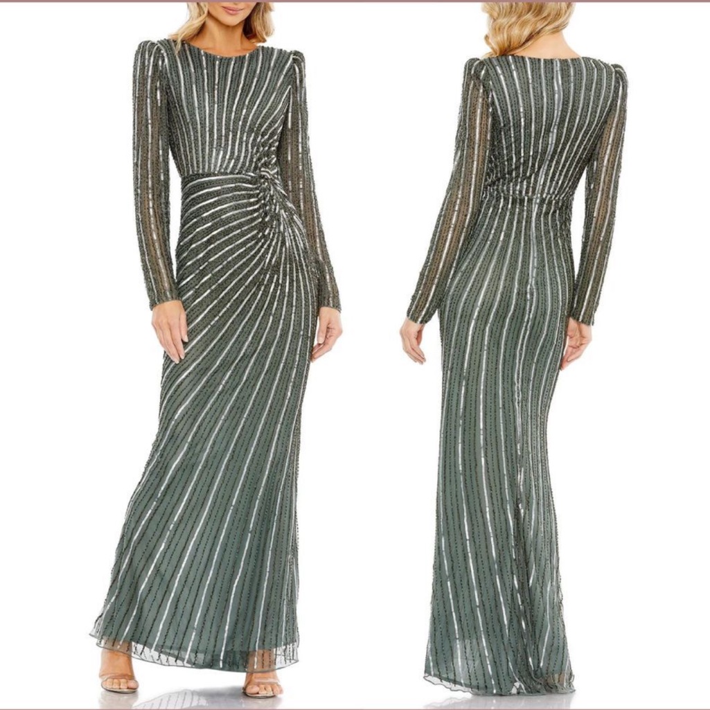 Mac Duggal Slate Grey / Green Embellished Puff Sleeve Side Knot Gown - Reemoly